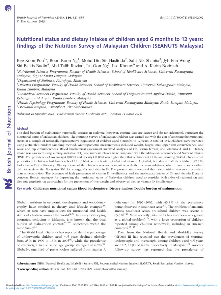 Nutritional Status of Malaysian Children | PDF | Malnutrition | Vitamin D