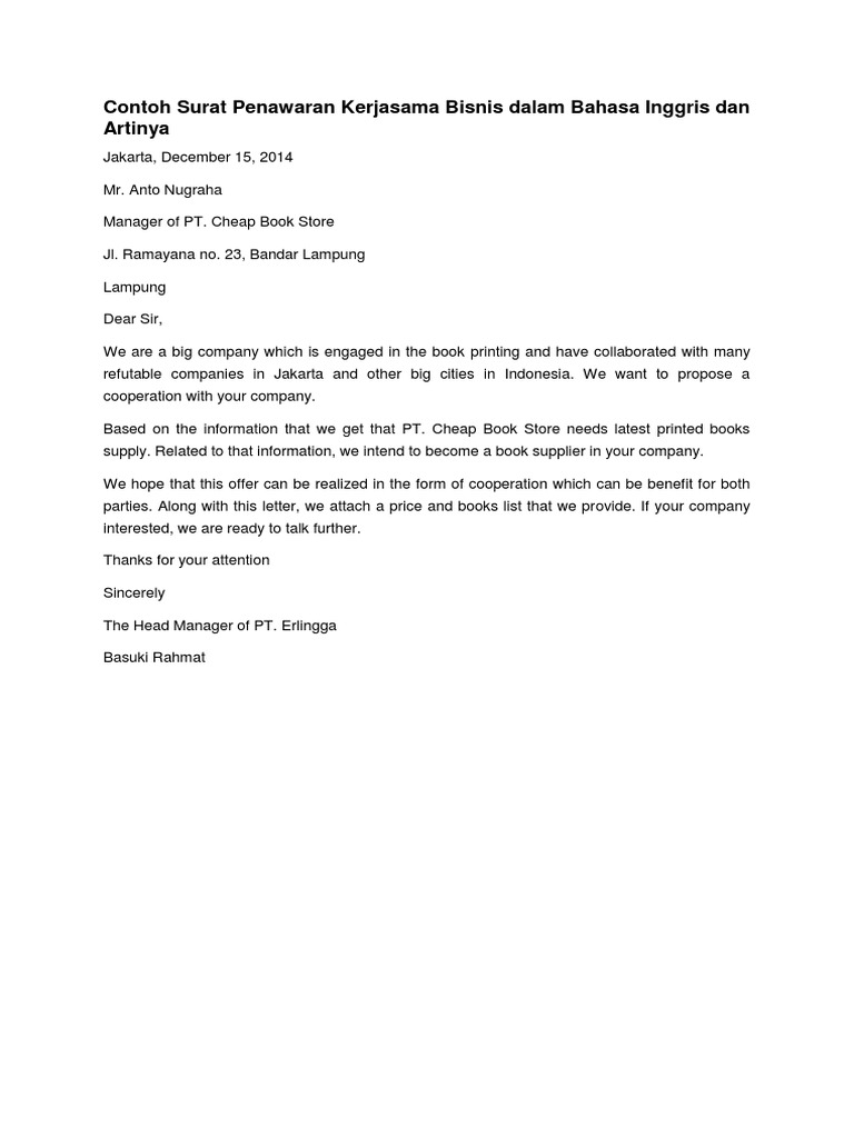 Contoh Surat Penawaran Kerjasama Bisnis Dalam Bahasa Inggris Dan Artinya | Pdf