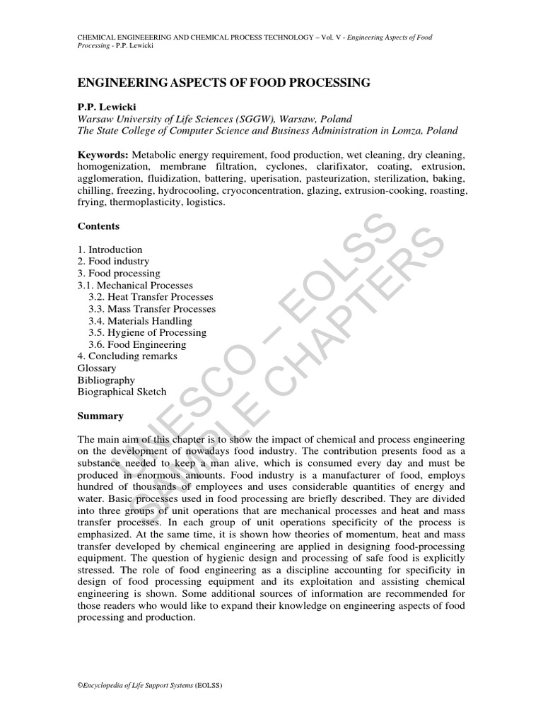 Engineering Aspects of Food Processing | PDF | Foods | Liquids
