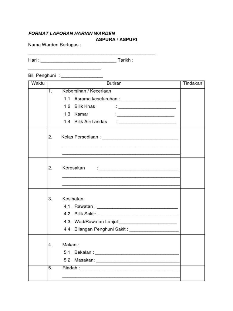 Format Laporan Harian Warden Docx