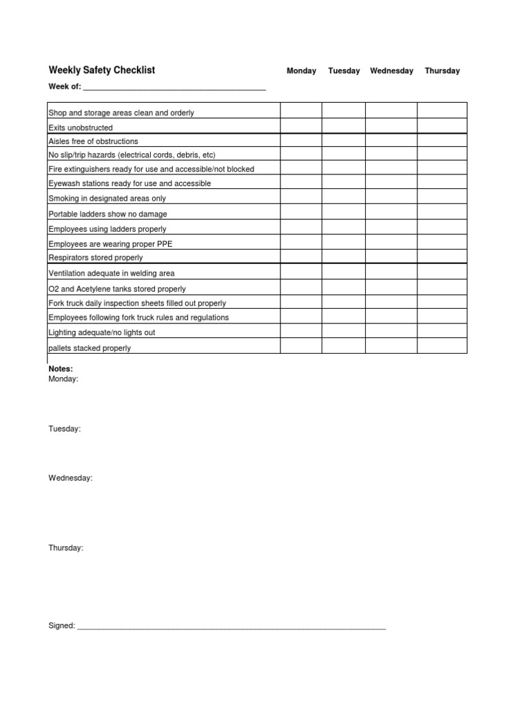 Weekly Safety Checklist Template | PDF