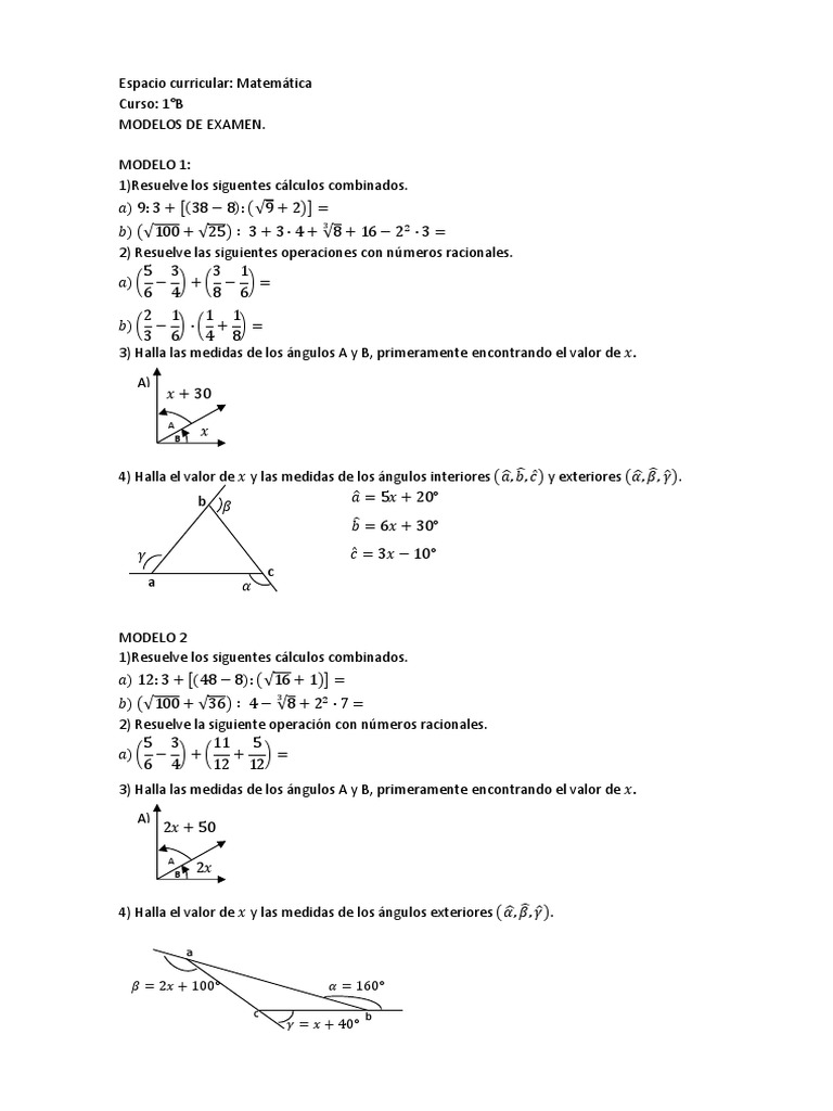 Modelos de Examen Primer Año de Secundaria Matemática | PDF