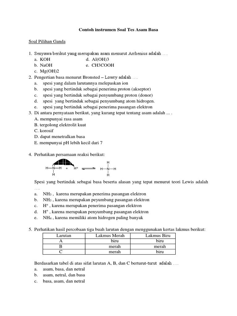 Contoh Instrumen Soal Tes Asam Basa