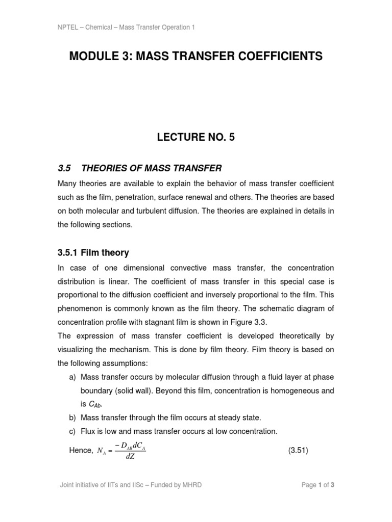 Module 3: Mass Transfer Coefficients: Lecture No. 5 | PDF | Mass ...