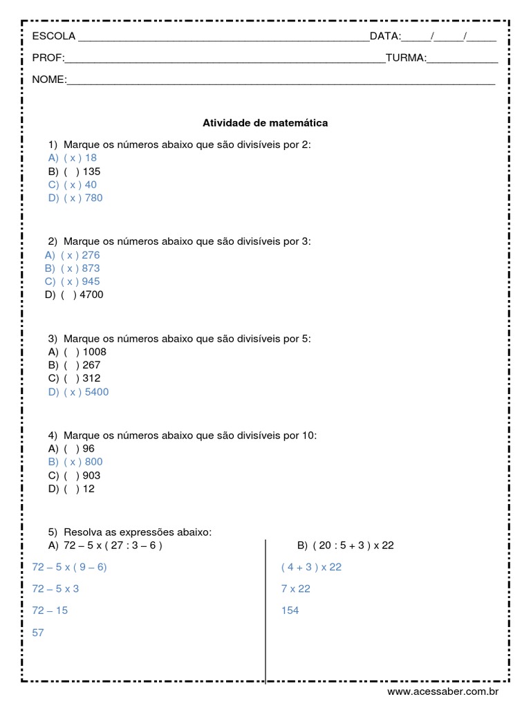 QUIZ DE MATEMÁTICA 6° ANO - Divisão de Números Naturais 