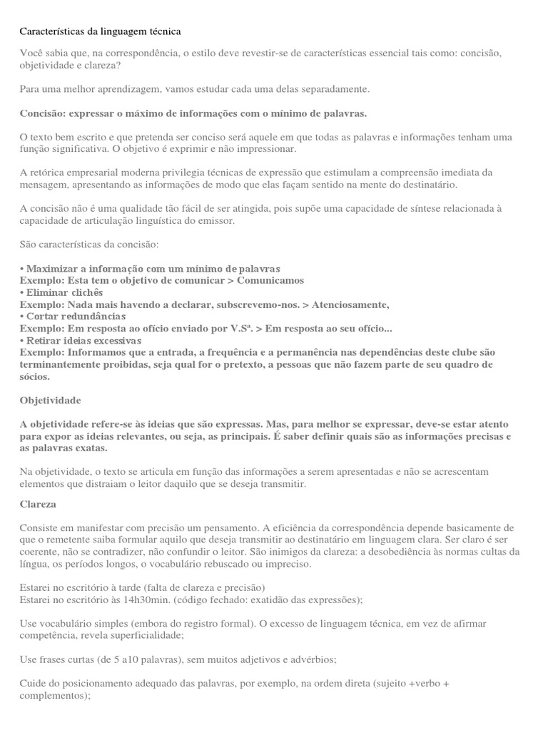 Características essenciais de uma linguagem técnica concisa, objetiva e ...