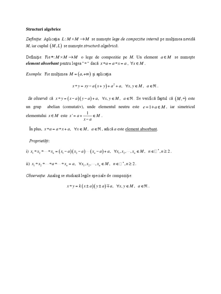Legi De Compozitie Element Neutru Structuri Algebrice. Element Absorbant. | PDF