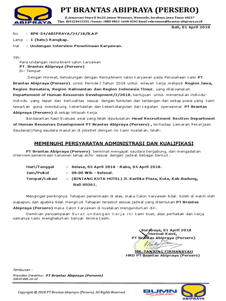 Lampiran Undangan Interview Dan Seleksi Penerimaan Pt
