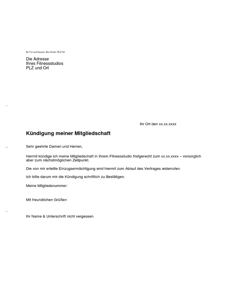 Fitnessstudio Kuendigung Muster Pdf