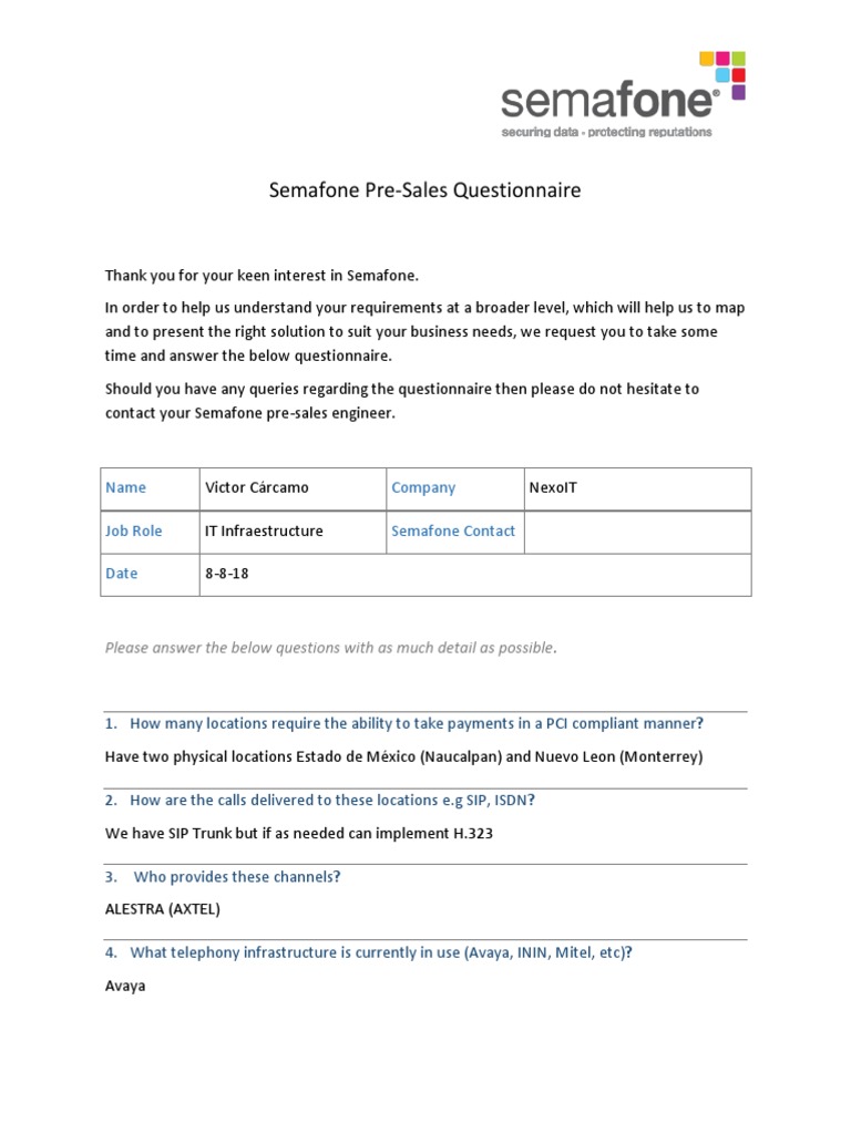 Semafone Pre Sales Questionnaire
