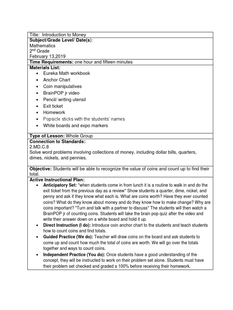 Math Counting Coins Lesson Plan PDF Coins Homework