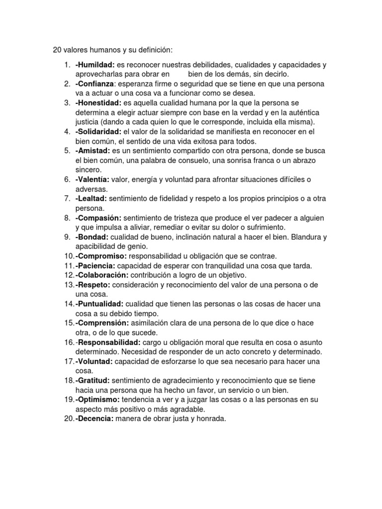 20 Valores Humanos Esenciales y Definiciones | PDF | Crecimiento ...