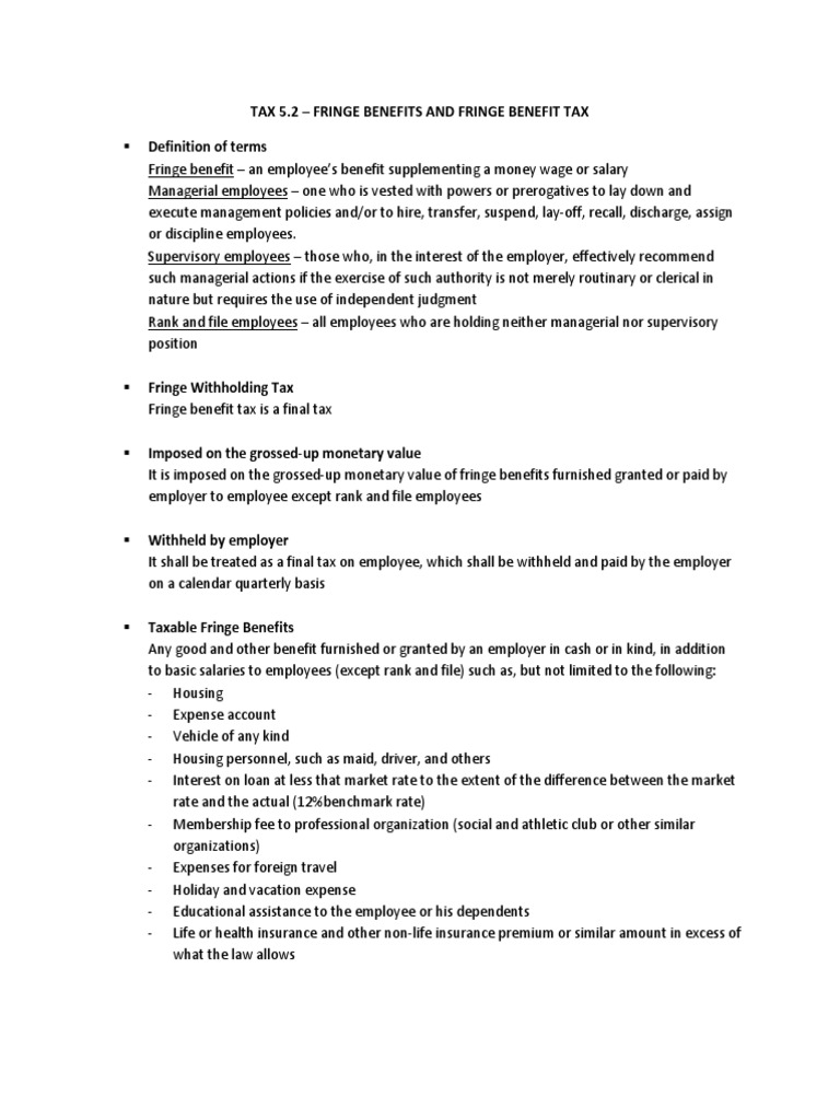 Tax 5 2 Fringe Benefits And Fringe Benefit Tax Employee Benefits