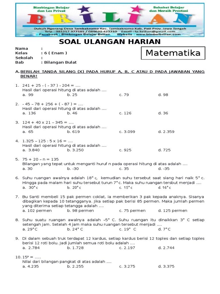 Soal Matematika Kelas 6 SD Bab 1 Bilangan Bulat Dan Kunci Jawaban | PDF