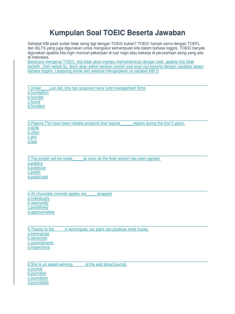 Kumpulan Soal Toeic Nuri Docx Prices Employment