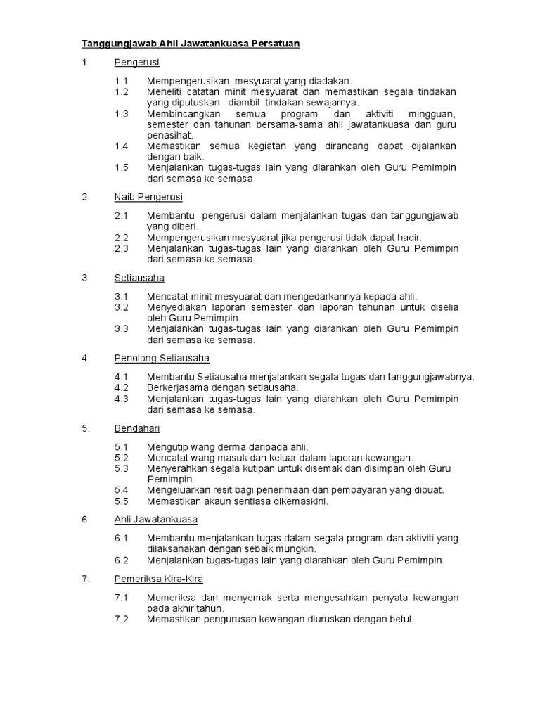 Tanggungjawab Ahli Jawatankuasa Persatuan Pdf