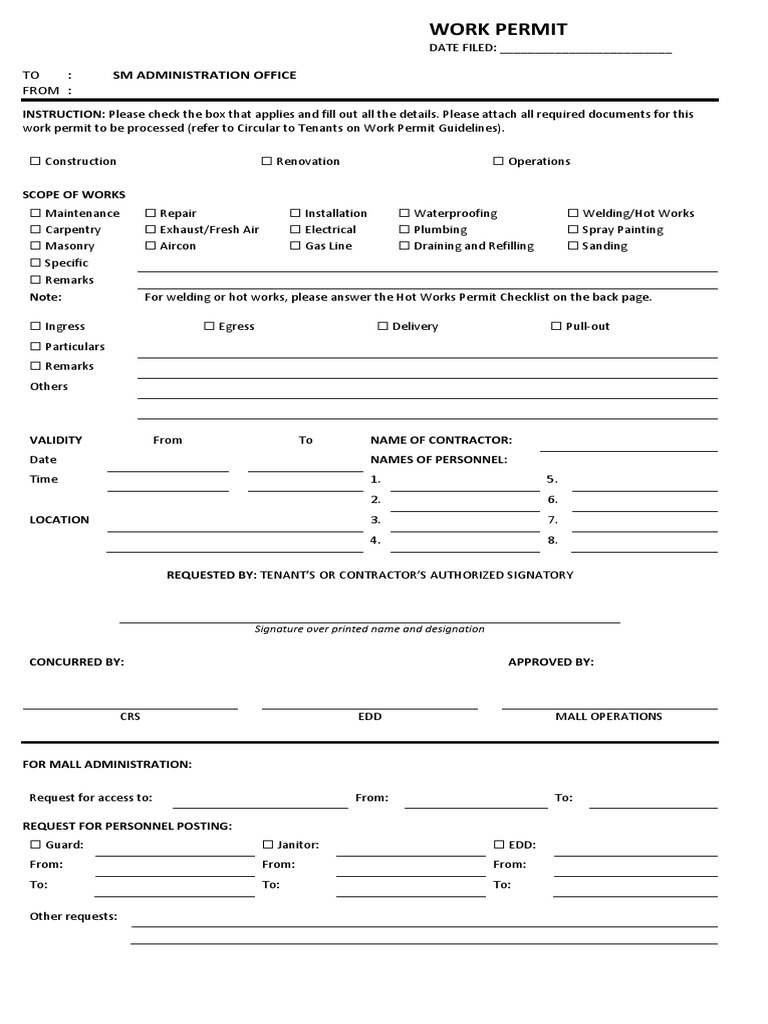 SM Work Permit Form Fires Hazards