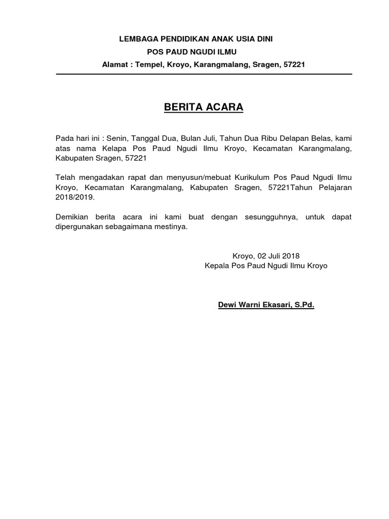 Contoh Berita Acara Sosialisasi Kalender Pendidikan Paud