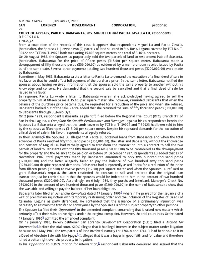 SAN Lorenzo Development Corporation, Petitioner, Court of Appeals, Pablo S. Babasanta, Sps