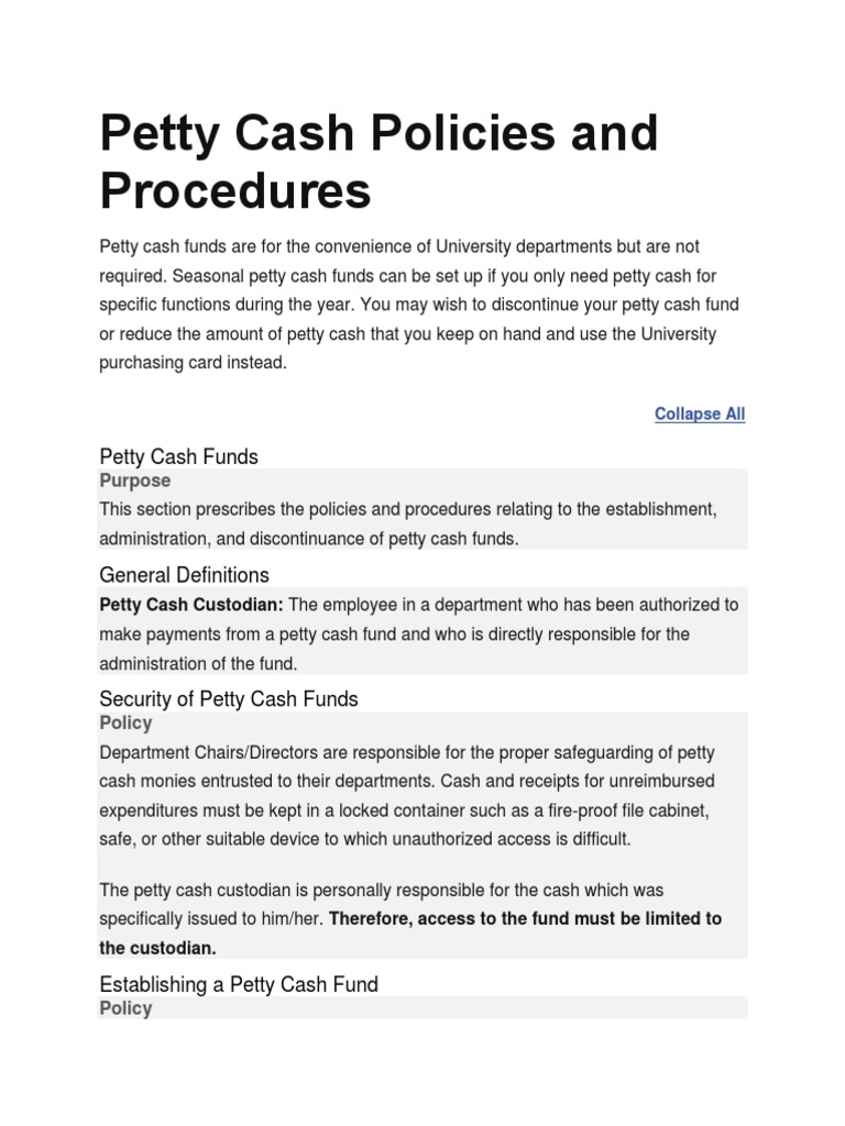 Petty Cash Policies and Procedures Cheque Receipt