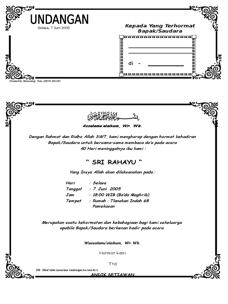 Contoh Undangan Tahlilan 40 Hari