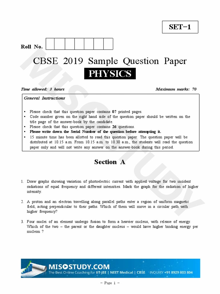 CBSE 12th Physics Sample Paper 2019 Question Paper | PDF | Magnetic ...