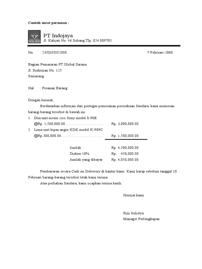 Contoh Surat Konfirmasi Pesanan Info Gtk
