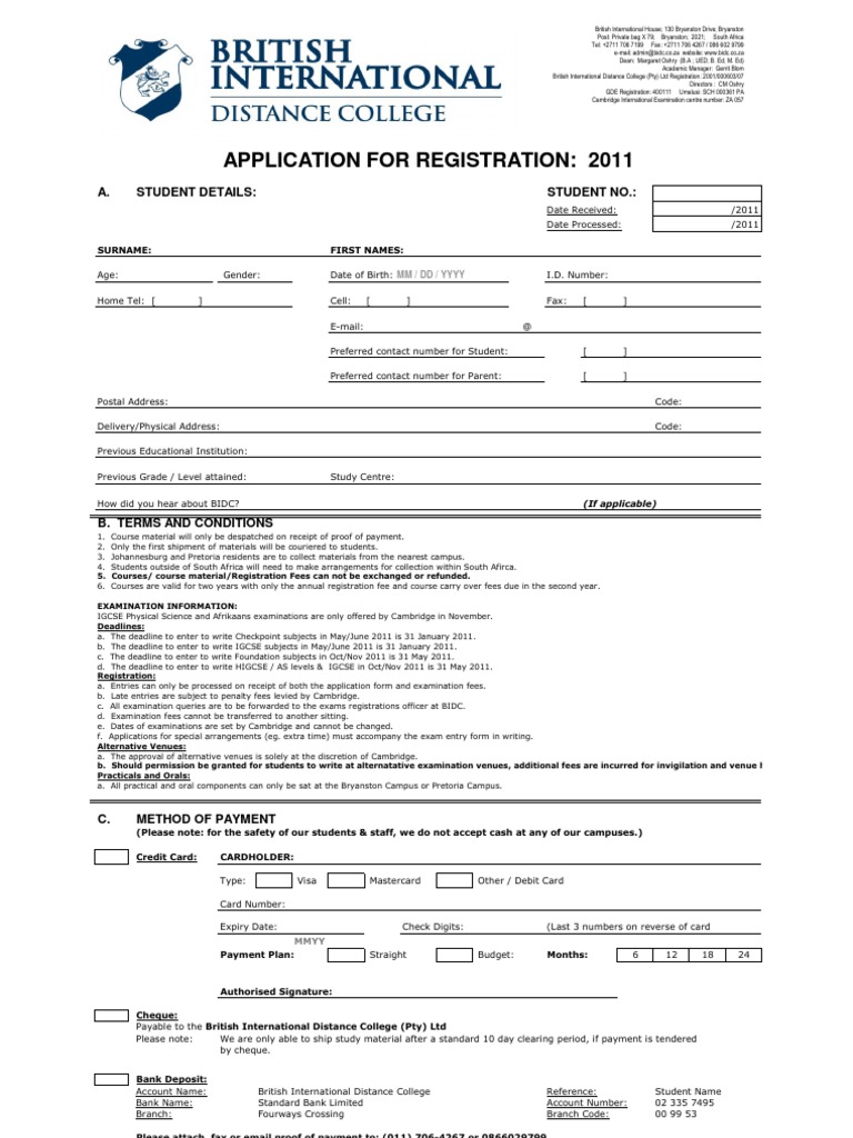BIDC Registration and Exam Guidelines | PDF | Cheque | Payments