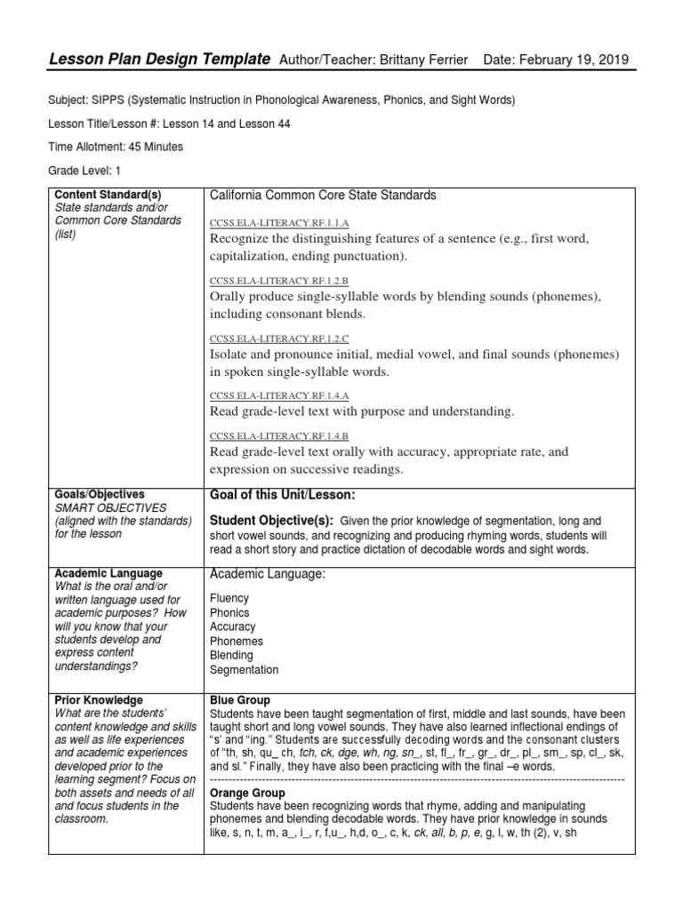 SIPPS Lesson Plan for Grade 1 | PDF | Phonics | Human Communication