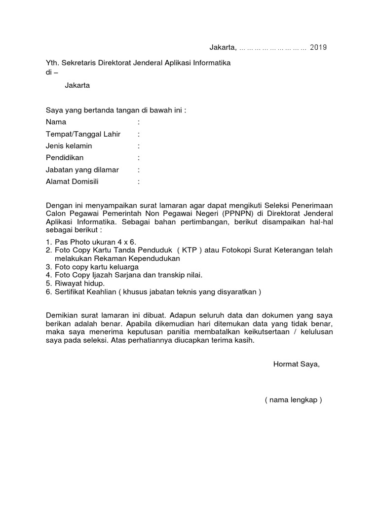 Contoh Surat Lamaran Kerja Ppnpn Contoh Surat