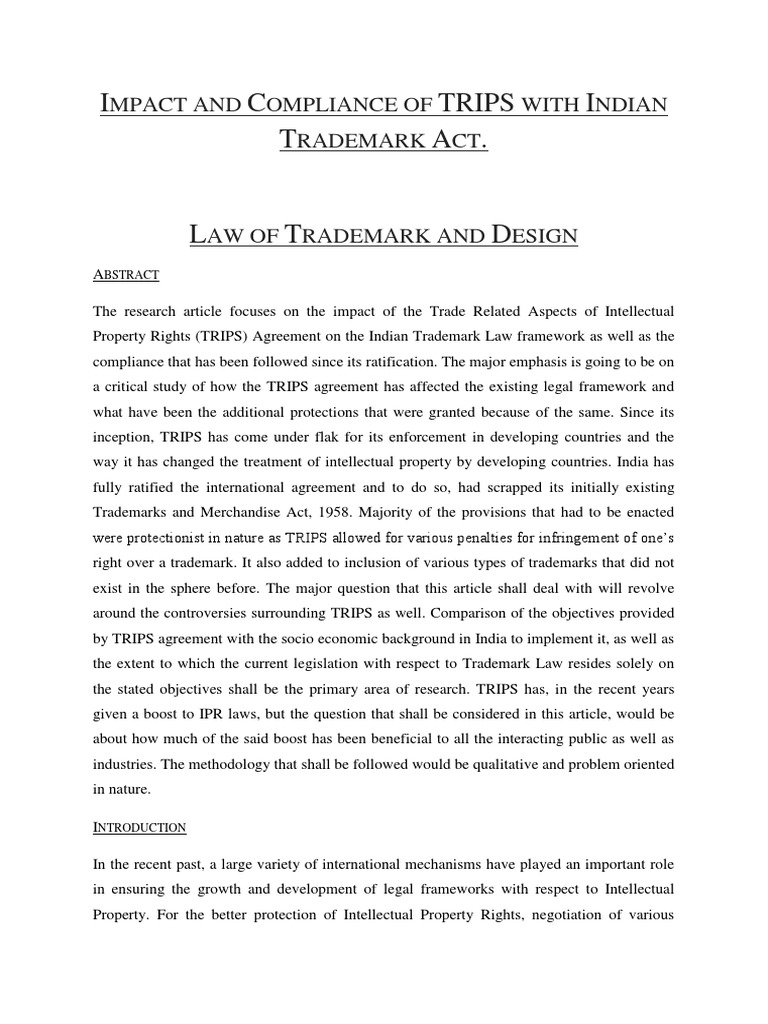 Impact and Compliance of TRIPS With Indian Trademark Act PDF Trips