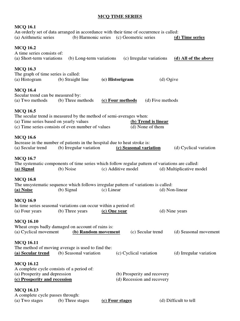 MCQ Time Series With Correct Answers PDF Seasonality Time Series