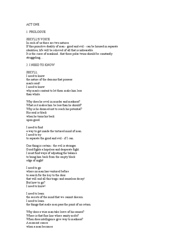Jekyll and Hyde Musical Script Excerpt PDF Strange Case Of