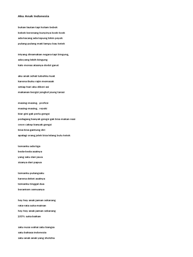 Lirik Lagu Aku Anak Indonesia | PDF