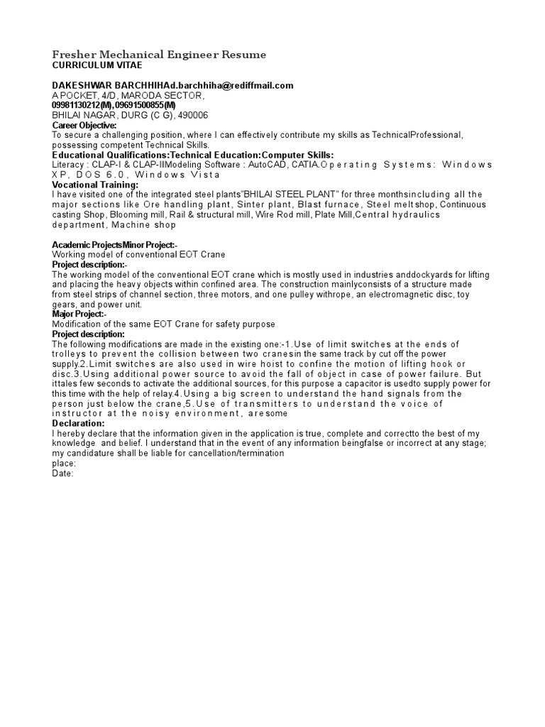 Mechanical Engineer Fresher Resume | PDF | Steel Mill | Crane (Machine)