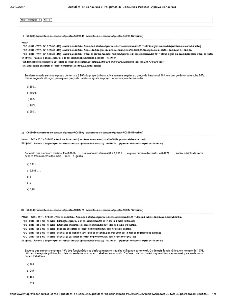 7-7) 1001 Questões de Concurso - FCC - Raciocinio Logico, PDF, Dados