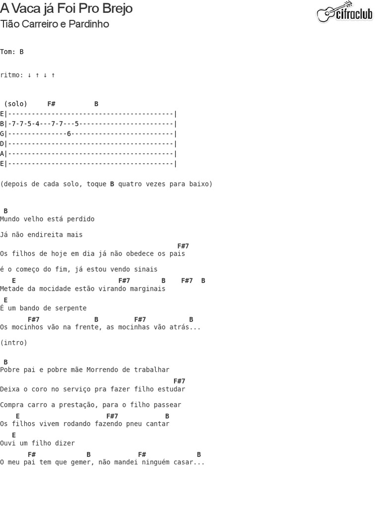 Tião Carreiro e Pardinho - A Vaca Já Foi Pro Brejo - Cifra Club PDF | PDF