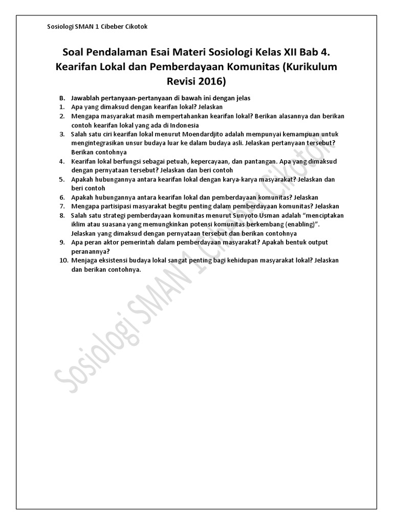 Soal Pendalaman Esai Materi Sosiologi Kelas Xii Bab 4 Kearifan Lokal Dan Pemberdayaan Komunitas Kurikulum Revisi 2016