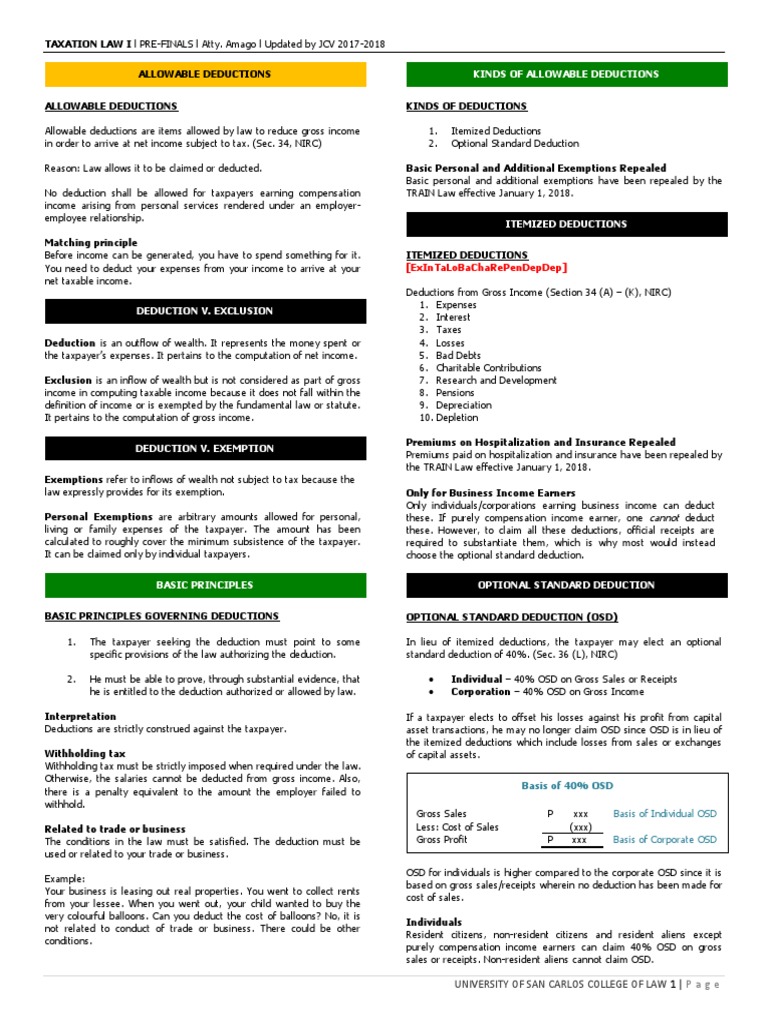 Allowable Deductions and Optional Standard Deduction under Philippine