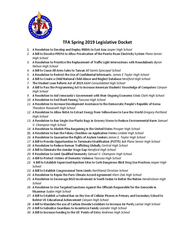 TFA Spring 2019 Legislative Docket Jan1 | PDF | United States Congress ...