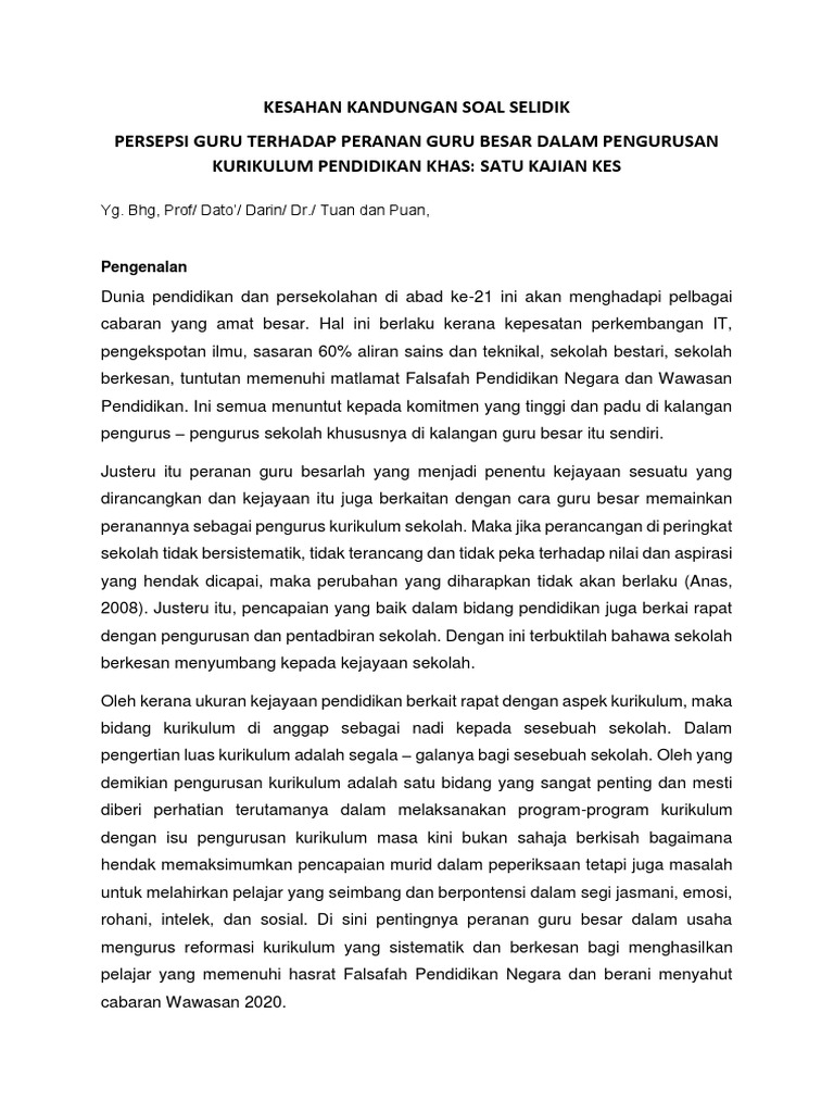 Contoh Surat Pengesahan Pakar Keesahan Muka Soal Selidik