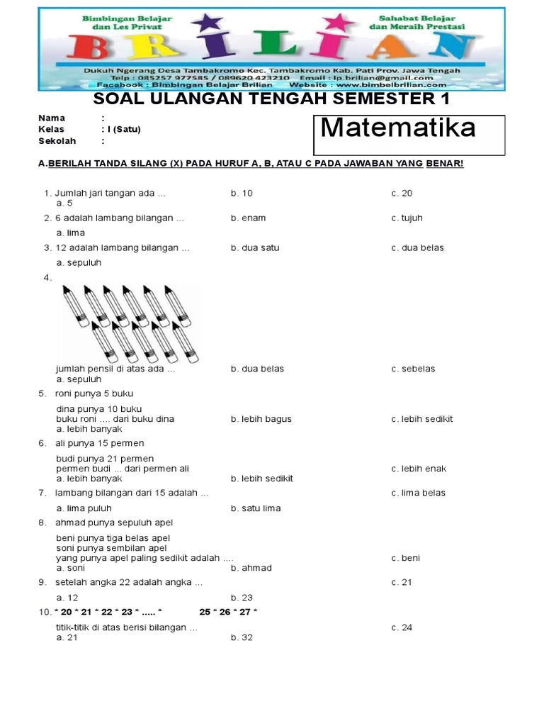 Soal Uts Matematika Kelas 1 Sd Semester 1 Ganjil Dan Kunci Jawaban Pdf
