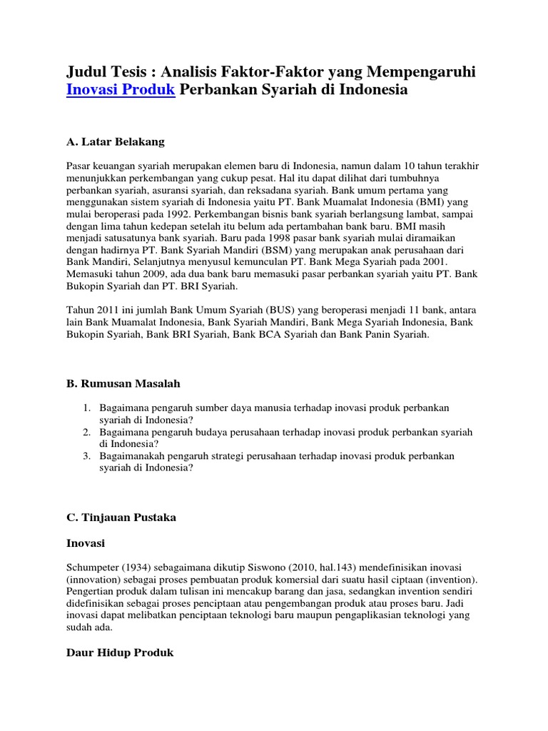 Analisis Faktor Faktor Yang Mempengaruhi Inovasi Produk Perbankan Syariah Di Indonesia