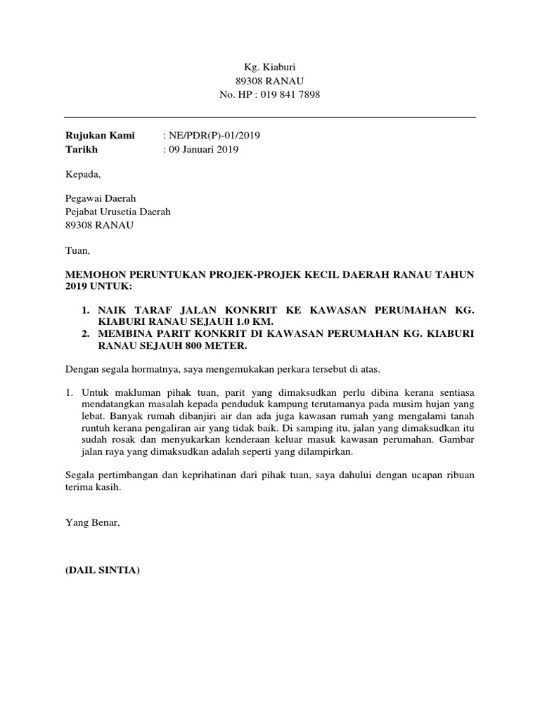 Surat Kepada Pejabat Daerah Memohon Ruangan Untuk Pawe