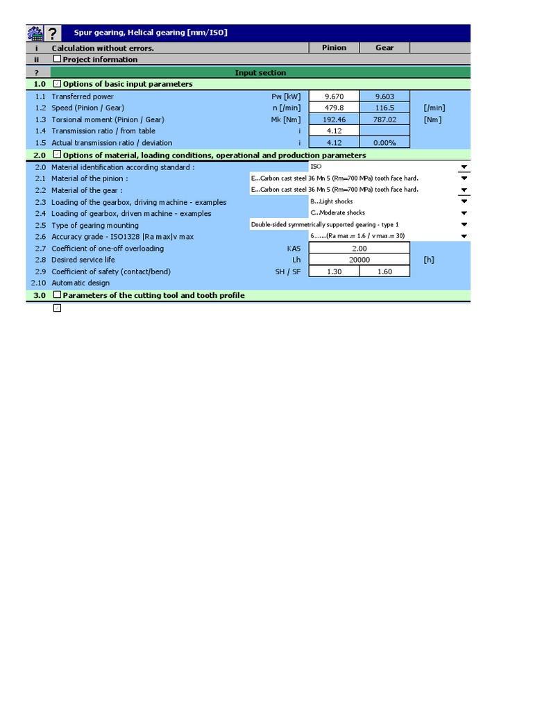 Calculation of Spur Gear Dimensions and Properties for a 9.67 kW