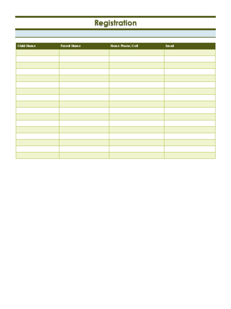 Registration: Child Name Parent Name Home Phone/Cell Email | PDF