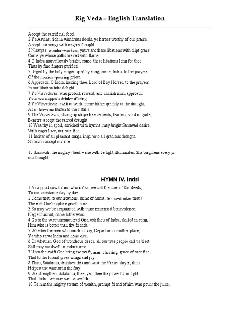 Rig Veda English Translation: HYMN IV. Indri | PDF