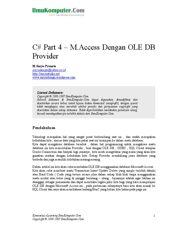 C - Sharp - Part 4 - M.Access With OLE DB Providers PDF | PDF