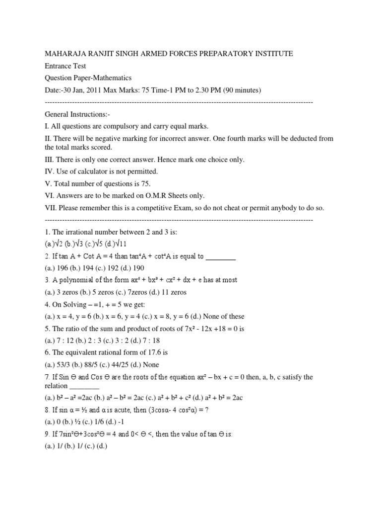 Mathematics Entrance Test Paper 2025 | PDF | Area | Volume