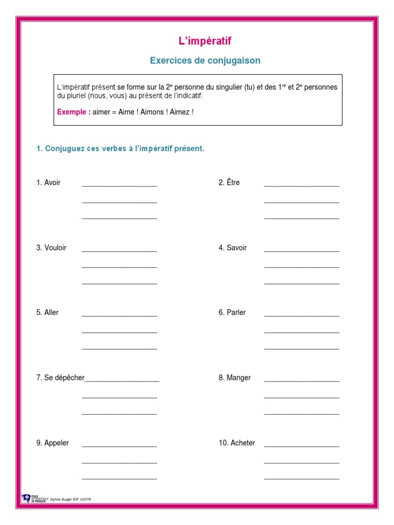 Exercice Sur L impératif Présent 5ème